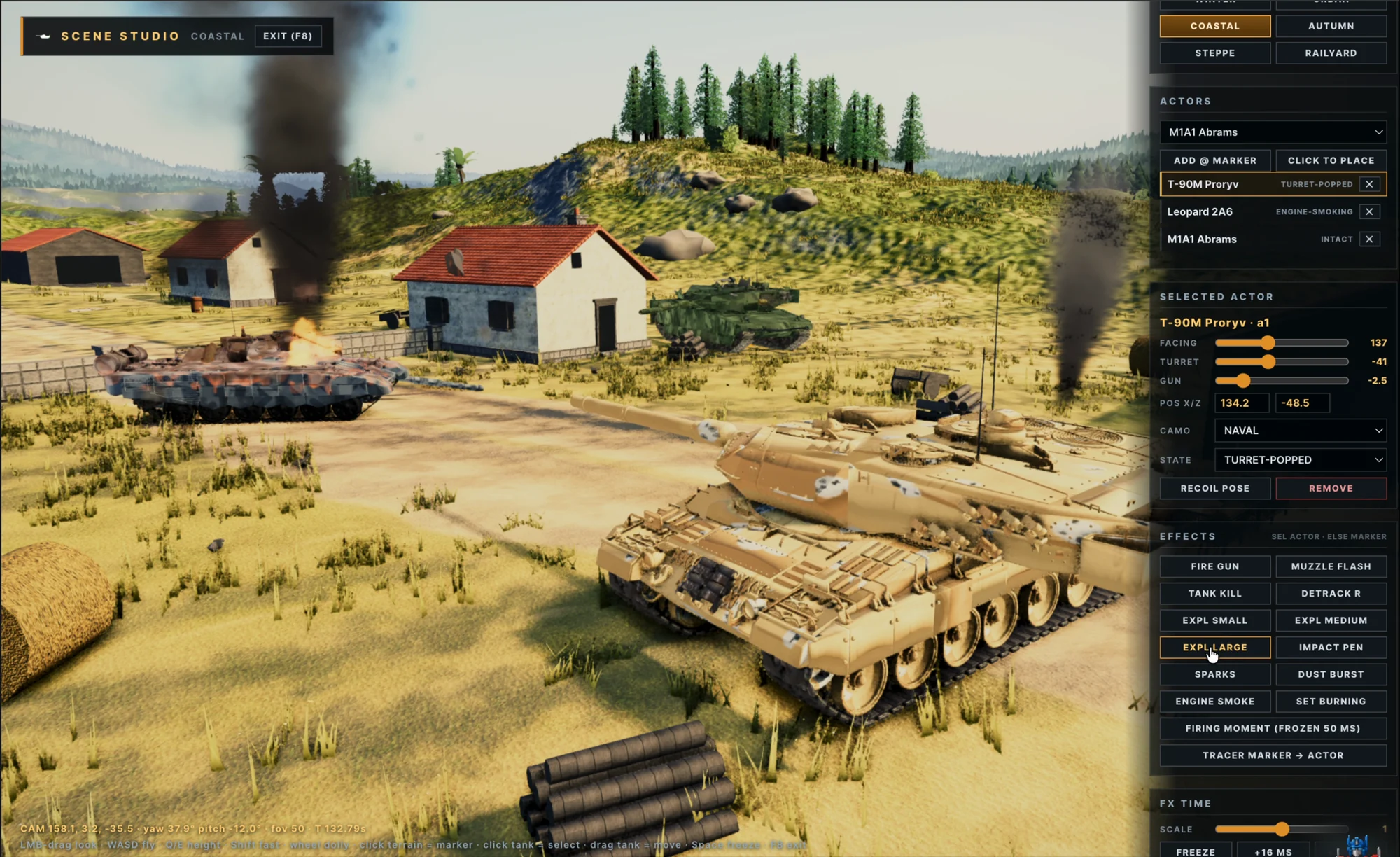 Studio scene with burning turret-popped wreck