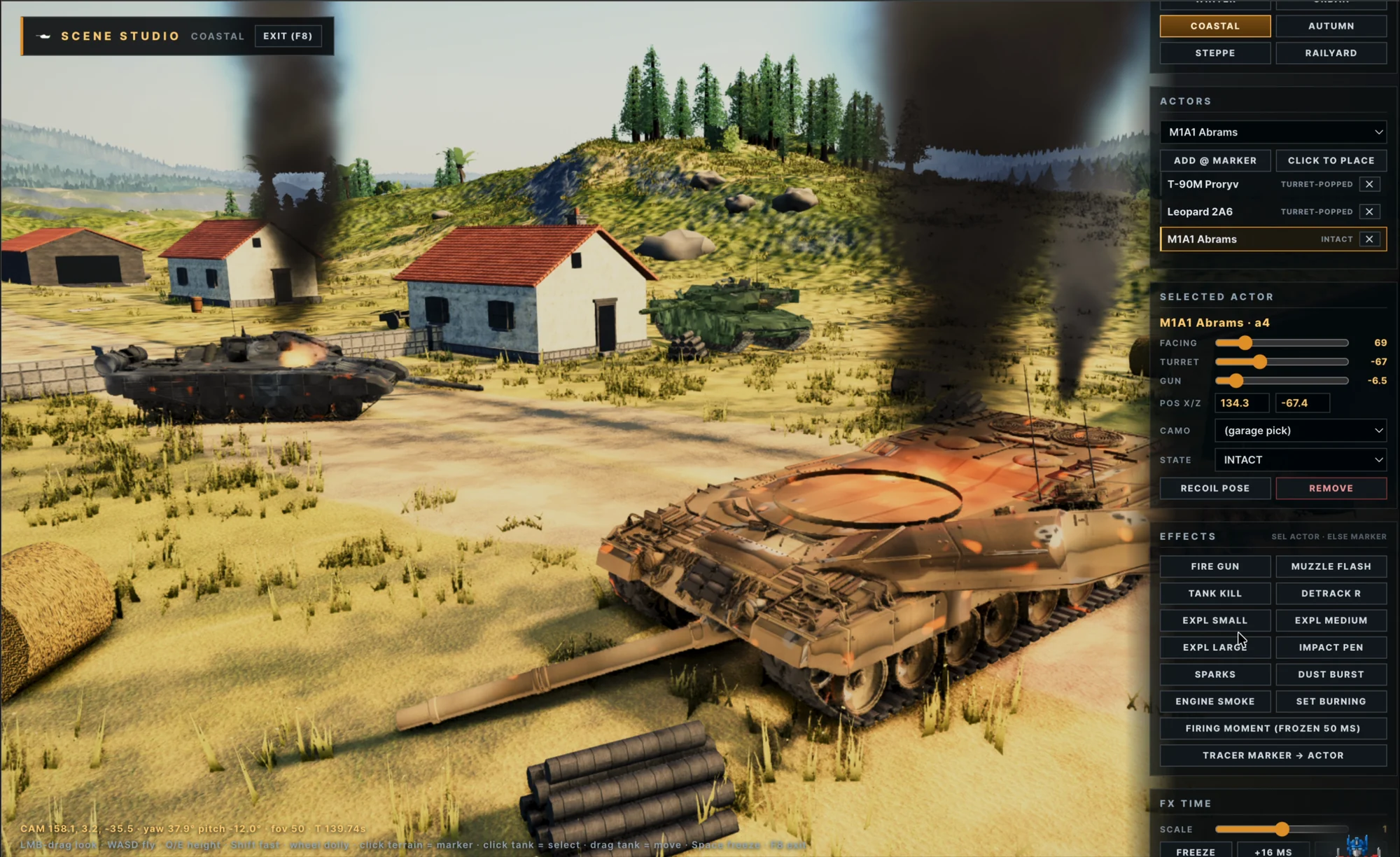 Scene studio — staged wreck with glowing turret ring and smoke columns, panel open